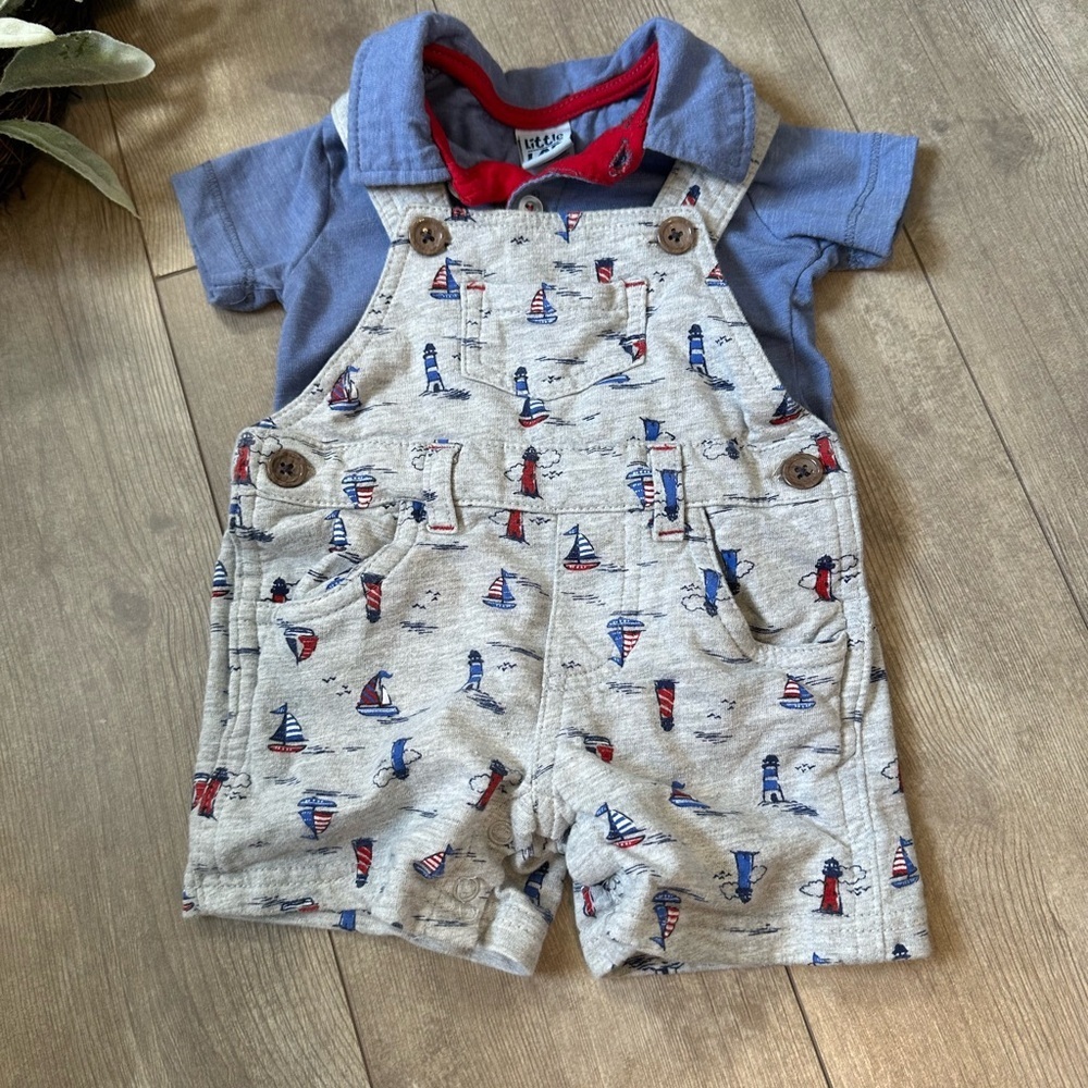 Vintage Little Lad Baby Boy Nautical Overalls Set Shortalls & Polo Size 3-6 M